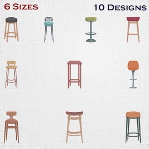 Pode incluir: Uma imagem mostrando 10 designs diferentes de bancos de bar em várias cores e estilos. Os bancos têm diferentes formas de assento, encostos e designs de pernas. O texto "6 TAMANHOS" e "10 DESIGNS" está no topo da imagem.