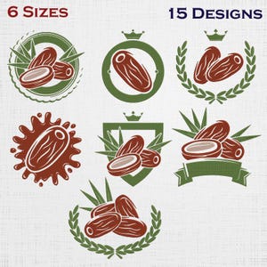 Może przedstawiać: Kolekcja 15 wzorów z daktylami w różnych aranżacjach. Każdy wzór prezentuje daktyle w kolorze brązowym, często z zielonymi akcentami, takimi jak liście lub wieńce. Widoczny tekst "6 SIZES" i "15 DESIGNS".