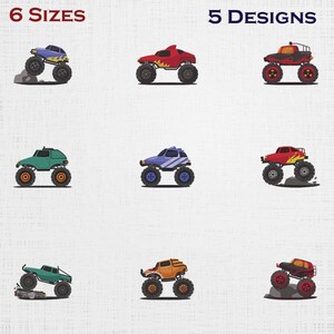 May include: An illustration of six monster trucks in various colors, including blue, red, green, and orange. Each truck has large, black tires and is depicted on a white background. The text "6 SIZES" and "5 DESIGNS" are at the top.