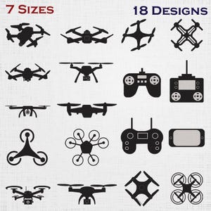 Peut inclure: Une collection de 18 icônes en silhouette noire représentant divers modèles de drones et télécommandes disposés en grille. Le texte 7 SIZES et 18 DESIGNS est imprimé dans les coins supérieurs sur un fond gris clair texturé.