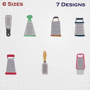 May include: An image showcasing seven different designs of kitchen graters. The graters are in various shapes and colors, including silver, green, red, and yellow. The text "6 SIZES" and "7 DESIGNS" are at the top of the image.