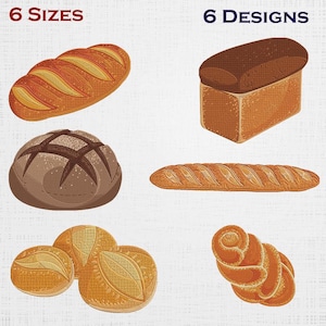 May include: An illustration showcasing six different bread designs. The image features a variety of baked goods, including loaves, a baguette, and rolls, in shades of brown and tan. The text "6 SIZES" and "6 DESIGNS" are at the top.