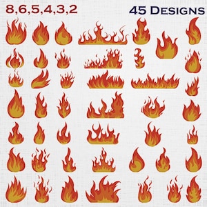 May include: A digital collection of 45 fire flame designs in various shapes and sizes. Each flame graphic features a layered color palette of bright red, orange, and yellow. The text 8, 6, 5, 4, 3, 2 and 45 DESIGNS is printed in dark red.