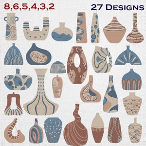 May include: A collection of 27 vase designs in various shapes and sizes, featuring a color palette of blue, beige, and brown. The illustrations display diverse patterns including stripes, dots, waves, and geometric motifs on a light textured background.