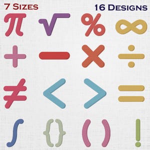 Könnte beinhalten: Eine Sammlung von 16 farbigen mathematischen Symbolen, darunter Pi, Quadratwurzel, Prozent, Unendlichkeit, Plus, Minus, Multiplikation, Division, Ungleichheit, kleiner als, größer als, Gleichheitszeichen, Integral, Klammern und Ausrufezeichen.