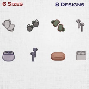 May include: An image showcasing eight different designs of wireless earbuds. The text at the top reads "6 SIZES" and "8 DESIGNS". The earbuds come in various colors and styles, including in-ear and over-ear designs, and charging cases.