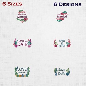 Könnte beinhalten: Das Bild zeigt sechs Designs zum Thema Hochzeit mit floralen Akzenten. Texte sind "We're Getting Married", "Just Married", "Save the Date", "Anne & Peter", "Love Forever" und "Save the Date". Die Designs sind in sechs Größen erhältlich.