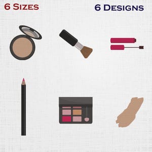 May include: An illustration of various makeup items, including a compact with a mirror, a makeup brush, mascara, an eyeliner pencil, an eyeshadow palette, and a swatch of foundation. The text "6 SIZES" and "6 DESIGNS" are at the top.
