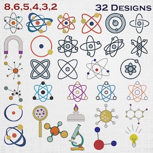 May include: A collection of 32 science-themed digital designs featuring various atom models, molecular structures, a horseshoe magnet, a magnifying glass, a spirit lamp, a microscope, and a light bulb icon, all rendered in a colorful, linear graphic style.