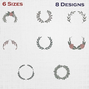 May include: An image displaying eight wreath designs, each with a unique style. The wreaths feature leaves and flowers in green, pink, and brown hues. The text "6 SIZES" and "8 DESIGNS" are visible at the top of the image.