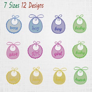 May include: A digital embroidery design set featuring 12 baby bib illustrations in various colours including blue, purple, green, pink, and yellow. Each bib includes a tied ribbon at the top and the text boy, girl, or baby. The text 7 Sizes 12 Designs appears.