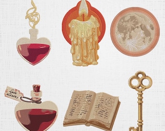 May include: Image featuring six embroidered designs. The designs include a heart-shaped potion bottle, a candle, a full moon, a potion bottle with a tag that says "Love Elixirs", an open book, and a key. The text "6 SIZES" and "6 DESIGNS" are at the top.