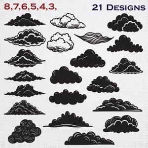 以下が含まれることがあります： 様々な形や質感を持つ21種類の白黒の雲のイラスト集。上部の隅には「8, 7, 6, 5, 4, 3」および「21 DESIGNS」という文字が印刷されています。これらのグラフィック要素は、多様な雲の形成を表現しています。