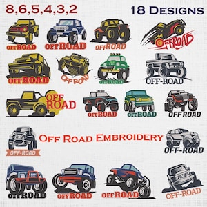 May include: A collection of 18 embroidery designs featuring various off-road vehicles in different colours and styles. Each design includes the text OFF ROAD in bold lettering. The graphics depict trucks and SUVs in action, showcasing rugged tyres and frames.