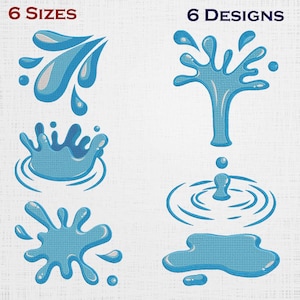 Op de afbeelding: Een afbeelding met zes verschillende blauwe waterspatontwerpen. De tekst "6 MATEN" en "6 ONTWERPEN" staan bovenaan. De ontwerpen omvatten waterdruppels, spatten en rimpelingen, allemaal in blauwtinten.