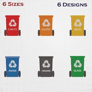 May include: Image shows six different colored recycling bins, each with a recycling symbol and a label: E-WASTE, PLASTIC, METAL, PAPER, ORGANIC, and GLASS. The bins are red, orange, yellow, blue, black, and green.