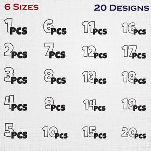 Könnte beinhalten: Das Bild zeigt eine Tabelle mit Zahlen von 1 bis 20, jeweils gefolgt von "pcs". Die Texte "6 SIZES" und "20 DESIGNS" stehen oben. Die Zahlen sind fett und umrandet.