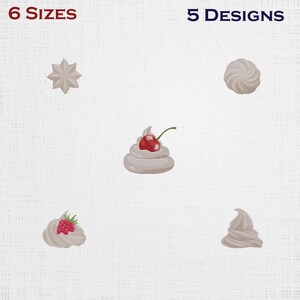 May include: An image showcasing five different designs of whipped cream, each with a unique shape. Some are topped with a cherry or raspberry. The text at the top reads "6 SIZES" and "5 DESIGNS".