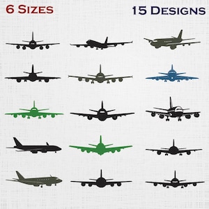 May include: An image showing 15 airplane designs in different colours and styles. The text at the top reads "6 SIZES" and "15 DESIGNS". The airplanes are shown in silhouette, with various wing and body shapes.