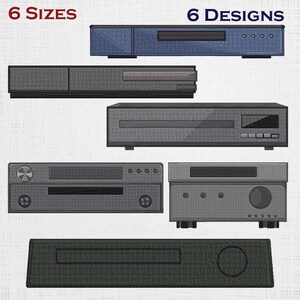 May include: An image showcasing six different designs of electronic devices, each in a rectangular shape. The devices are primarily shades of gray and black, with various button and port configurations. The text "6 SIZES" and "6 DESIGNS" are at the top.