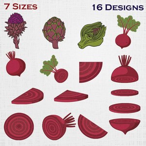 May include: A digital collection of 16 vegetable illustrations featuring artichokes and beets in various forms, including whole, sliced, and halved. The text 7 SIZES and 16 DESIGNS is displayed at the top. The vegetables are rendered in shades of red, purple, and green.