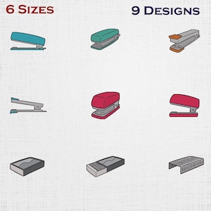 May include: An illustration showcasing nine different stapler designs in various colors, including teal, green, gray, and red. The text "6 SIZES" and "9 DESIGNS" are displayed at the top of the image.