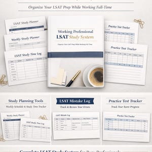 May include: A comprehensive LSAT study system for working professionals. The image shows a planner, time log, and practice test tracker. The cover reads "Working Professional LSAT Study System". Includes a cup of coffee and a pen.
