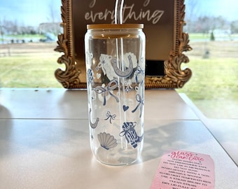 16oz Glass Can Cup with Bamboo Lid & Straw | Aesthetic Iced Coffee Cup | Handmade Bookish Drinkware