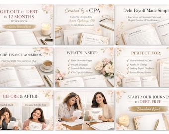 May include: A collection of financial workbooks with text including "Get Out of Debt in 12 Months," "Luxury Finance Workbook," and "Debt Payoff Made Simple." The image also features a CPA's name and a call to start a debt-free journey.
