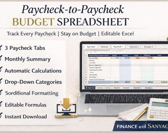 Peut inclure: Un ordinateur portable affiche une feuille de calcul budgétaire intitulée "Paycheck-to-Paycheck BUDGET SPREADSHEET". Elle présente 3 onglets de paie, un résumé mensuel et des calculs automatiques. Une calculatrice et un stylo sont également visibles.