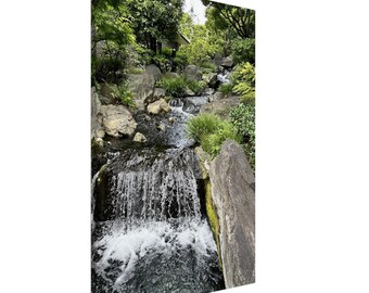 Zen Japanese Garden Canvas Print: Waterfall and Lush Greenery