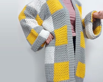 Checkerboard Cardigan Crochet Pattern PDF, Oversized Color Block Cardigan, Crochet Sweater Pattern, Video Tutorial, Instant Digital Download