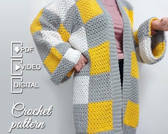 Checkerboard Cardigan Crochet Pattern PDF with Step-by-Step Video Tutorials | Colour Block Oversized Cardigan | Modern Crochet Sweater