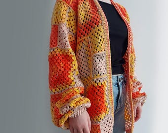 Crochet Granny Square Cardigan Pattern PDF, Colorful Boho Sweater, Oversized Crochet Cardigan, Video Tutorial, Digital Download