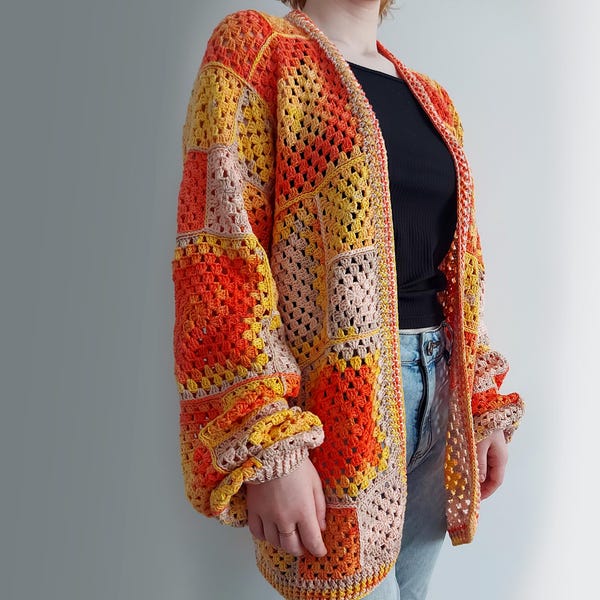 Cardigã de crochê com quadrados estilo vovó em PDF, suéter boho colorido, cardigã oversized de crochê, tutorial em vídeo, download digital