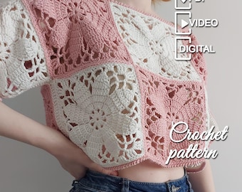 Blossom Square Top Crochet Pattern PDF with Step-by-Step Video Tutorials | Floral Granny Square Crop Top | Cottagecore Summer Top