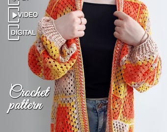 Sunset Glow Cardigan Crochet Pattern PDF with Step-by-Step Video Tutorials | Granny Square Duster | Boho Oversized Cardigan | XS - 3XL