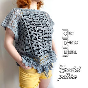 Oversize Lace Top Crochet Pattern PDF with video, Mesh Summer Shirt Tutorial, Loose Fit Open Work Blouse Pattern