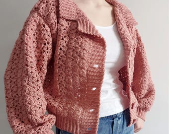 Dusty Rose Cardigan Crochet Pattern PDF, Puff Sleeve Crochet Cardigan, Oversized Chunky Sweater, Video Tutorial, Digital Download
