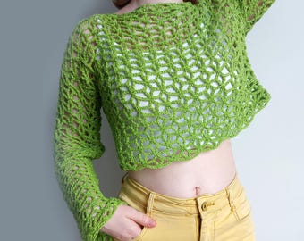 Mesh Crochet Top Pattern PDF, Long Sleeve Fishnet Sweater Pattern, Cropped Crochet Pullover, Video Tutorial, Digital Download
