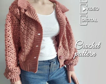 Dusty Rose Cardigan Crochet Pattern PDF with Step-by-Step Video Tutorials | Puff Sleeve Cardigan | Cottagecore Crochet Sweater |Sizes Xs-3Xl