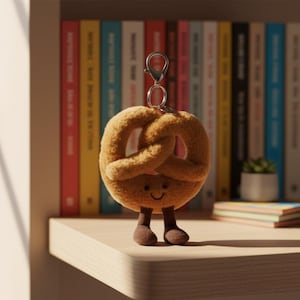 Może przedstawiać: Pluszowy brelok do kluczy w kształcie precla z uśmiechniętą buzią i małymi brązowymi nóżkami. Brelok jest przymocowany do srebrnego zapięcia. Tło przedstawia półkę z kolorowymi książkami i małą rośliną.