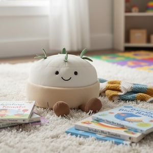May include: A plush, smiling onion-shaped toy with green sprouts, a tan base, and brown feet. The toy sits on a white rug next to children's books. A colorful blanket is also visible.