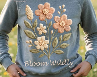 Bloom Wildly Embroidery PNG, Wildflower Floral, Embroidered Flowers, Boho Botanical, Floral Sublimation Design