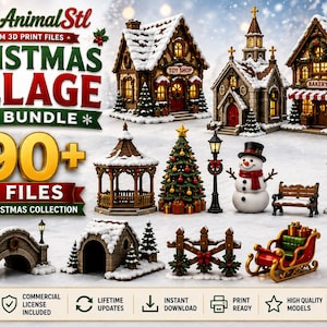 May include: A digital collection of 890+ 3D print files for a Christmas village, featuring miniature buildings like a toy shop, church, and bakery, plus a snowman, reindeer, sleigh, gazebo, bridge, and street lamps, all with snow-covered details.
