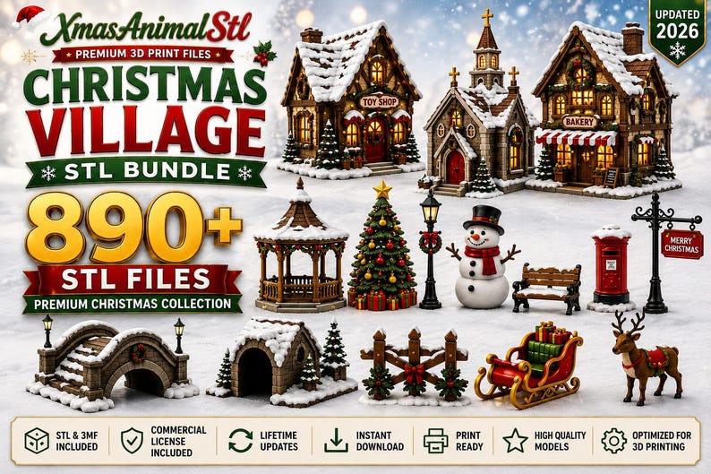 May include: A digital collection of 890+ 3D print files for a Christmas village, featuring miniature buildings like a toy shop, church, and bakery, plus a snowman, reindeer, sleigh, gazebo, bridge, and street lamps, all with snow-covered details.
