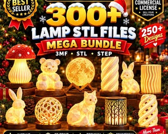 May include: A digital bundle of 300+ lamp STL files featuring various 3D printed designs including a mushroom, bear, moon, rabbit, cat, and geometric patterns. The graphic includes text such as XMASANIMALSTL, BEST SELLER, and COMMERCIAL LICENSE.
