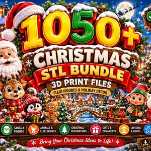 Pode incluir: Um gráfico digital com o texto 1050+ CHRISTMAS STL BUNDLE 3D PRINT FILES. A imagem mostra uma cena festiva com o Pai Natal, um boneco de neve, uma rena, um pinguim, um elfo e um urso polar rodeados por decorações de Natal.