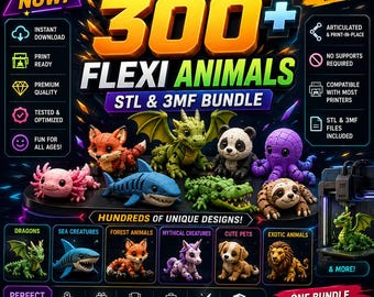 Pacchetto di oltre 300 animali flessibili in formato STL / File per stampa 3D articolati e carini / Stampa sul posto / Licenza commerciale / Download immediato