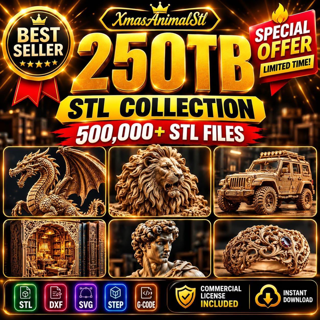 Listing photo: 250TB STL Collection, 500,000+ 3D Print Files, Commercial License, Instant Download